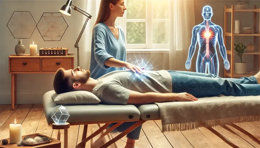 Representación del flujo de energía en el cuerpo humano durante una sesión de terapia bioenergética. La imagen ilustra cómo se activan los centros energéticos y los meridianos mediante técnicas de respiración, movimientos corporales y toque terapéutico para desbloquear tensiones acumuladas.