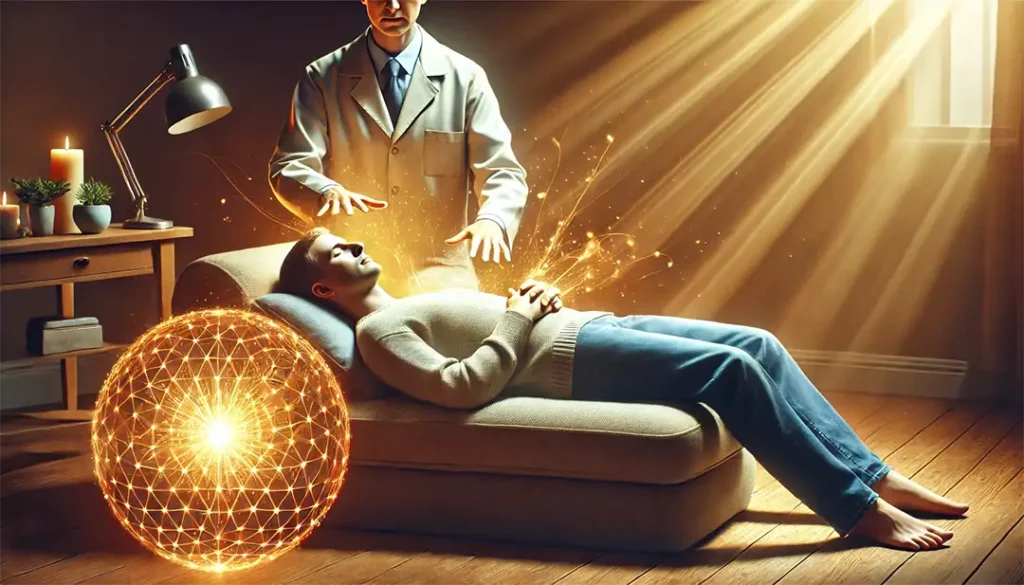 Paciente experimentando los efectos positivos de la terapia bioenergética en su cuerpo y mente. La terapia ayuda a reducir el estrés, mejorar el bienestar emocional, aumentar la vitalidad y fortalecer el sistema inmunológico, promoviendo un estado de equilibrio y armonía.