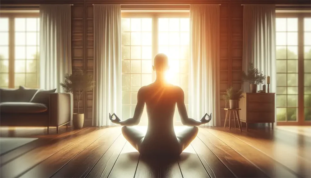 Persona meditando en casa en un ambiente sereno, practicando ejercicios de bioenergética para restaurar el equilibrio energético y reducir el estrés. La escena refleja paz, relajación y conexión con la energía vital.