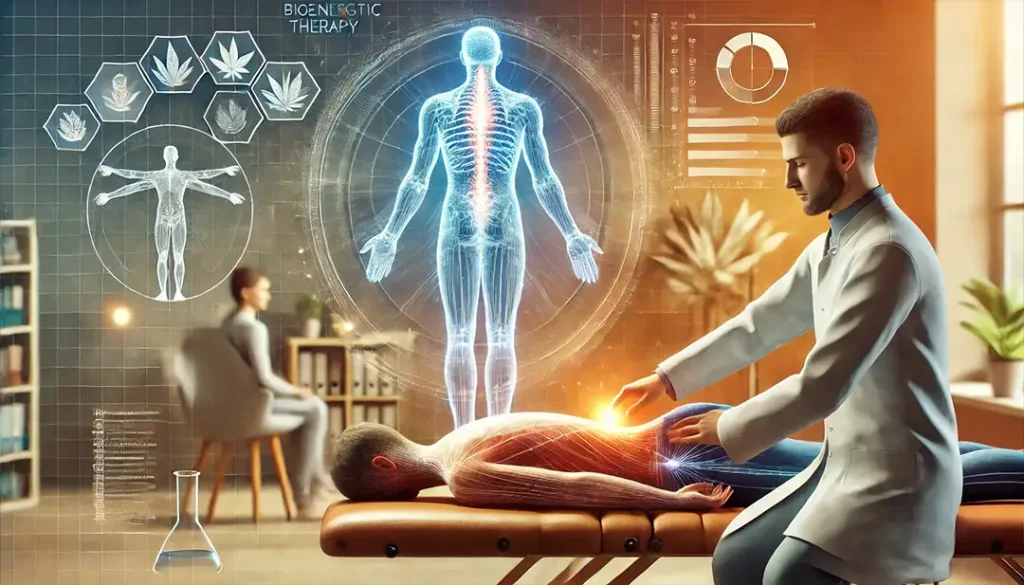 Representación moderna de la evolución y aplicaciones actuales de la terapia bioenergética. Un terapeuta aplica técnicas energéticas a un paciente mientras en el fondo se muestra un diagrama del flujo de energía en el cuerpo humano, ilustrando cómo esta terapia se integra con enfoques holísticos contemporáneos.