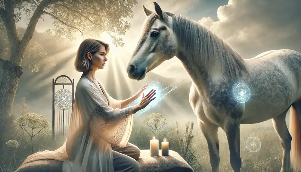 Terapeuta canalizando energía Reiki en un equino